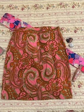 True Vintage 60s 70s Linen Paisley Mini Skirt Pink Mod A Line Psychedelic XS - S